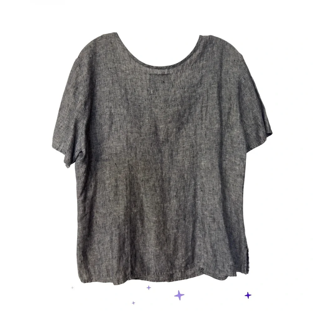 FLAX Women Medium Gray 100% Linen Short Sleeve Scoop Neck Blouse Lagenlook Top